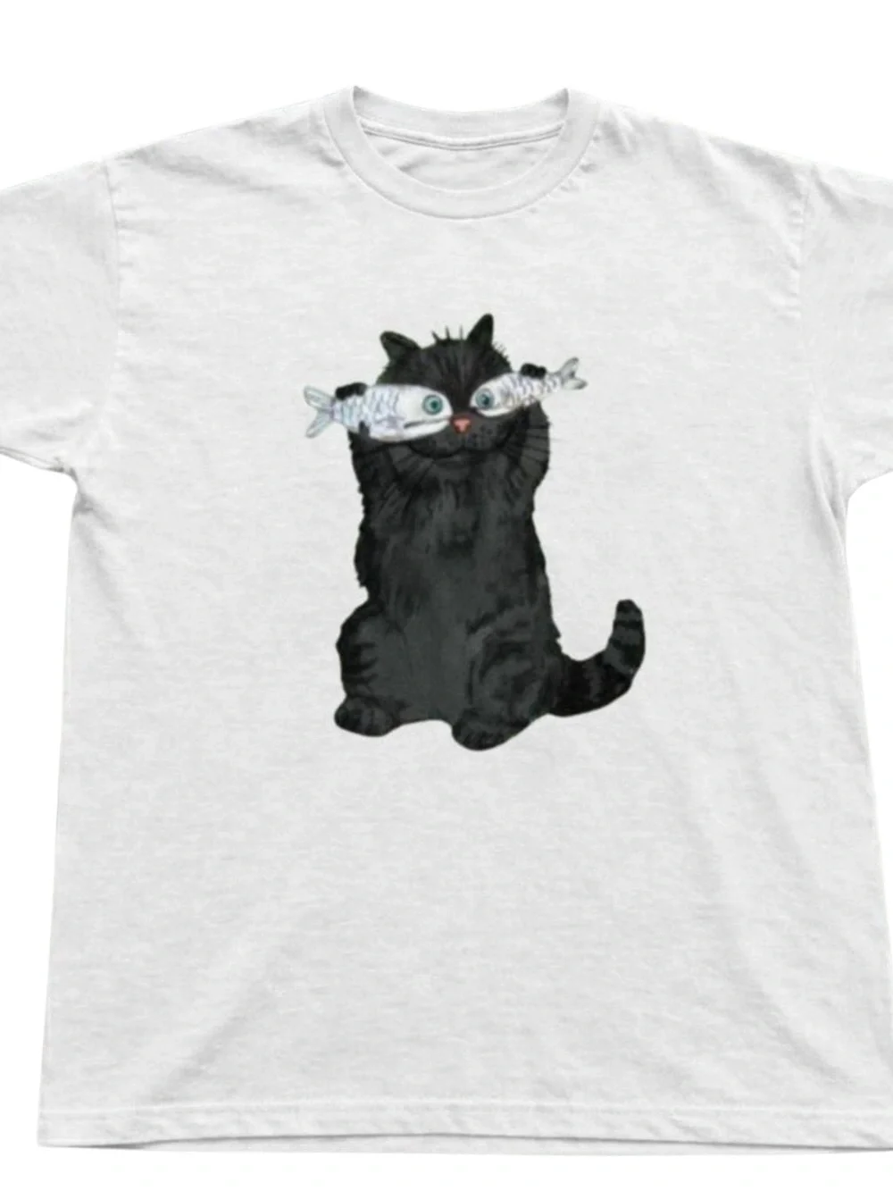 Gildan White Tee with Black Cat Holding Two Fish Graphic
